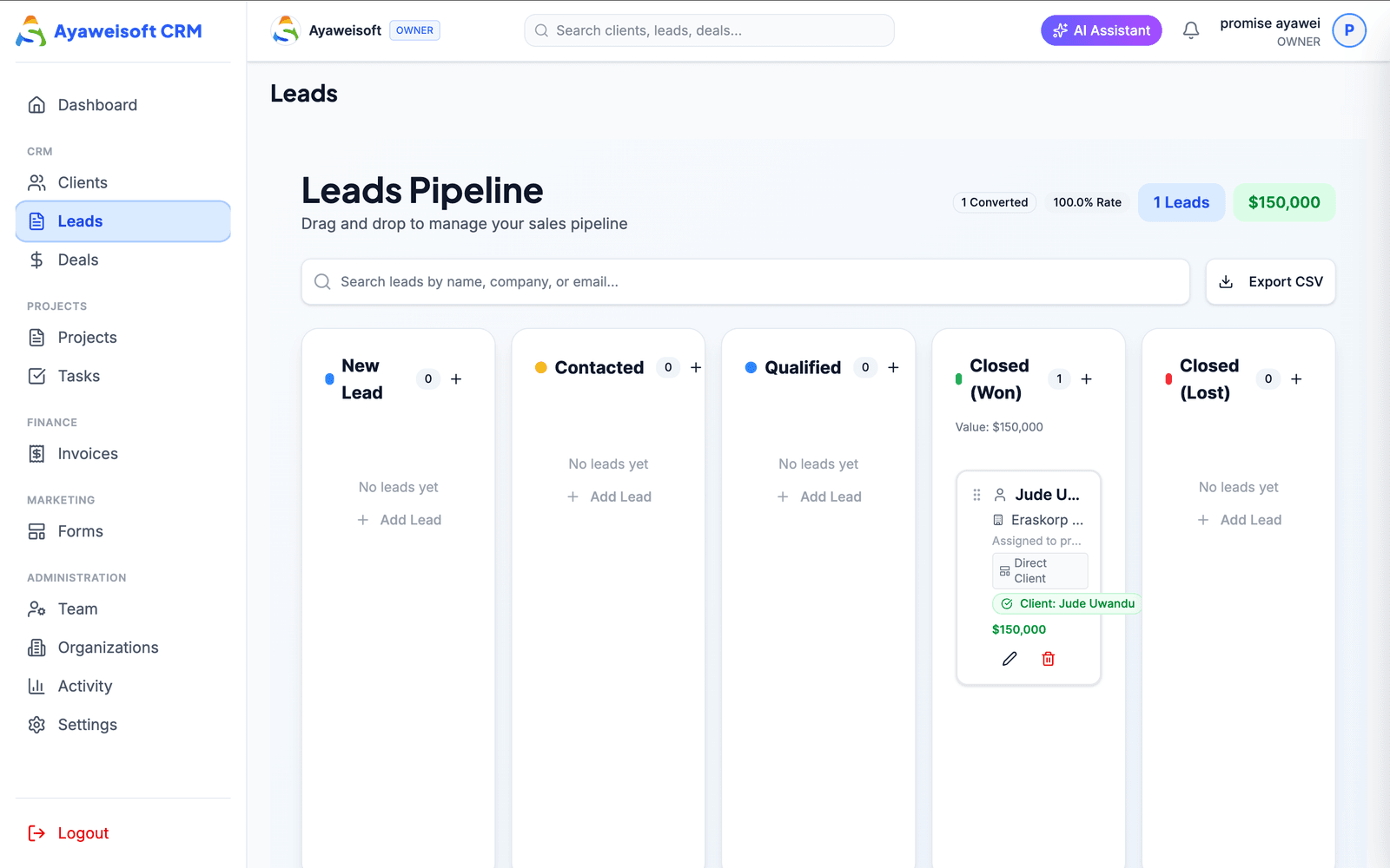 Leads pipeline board in Ayaweisoft CRM