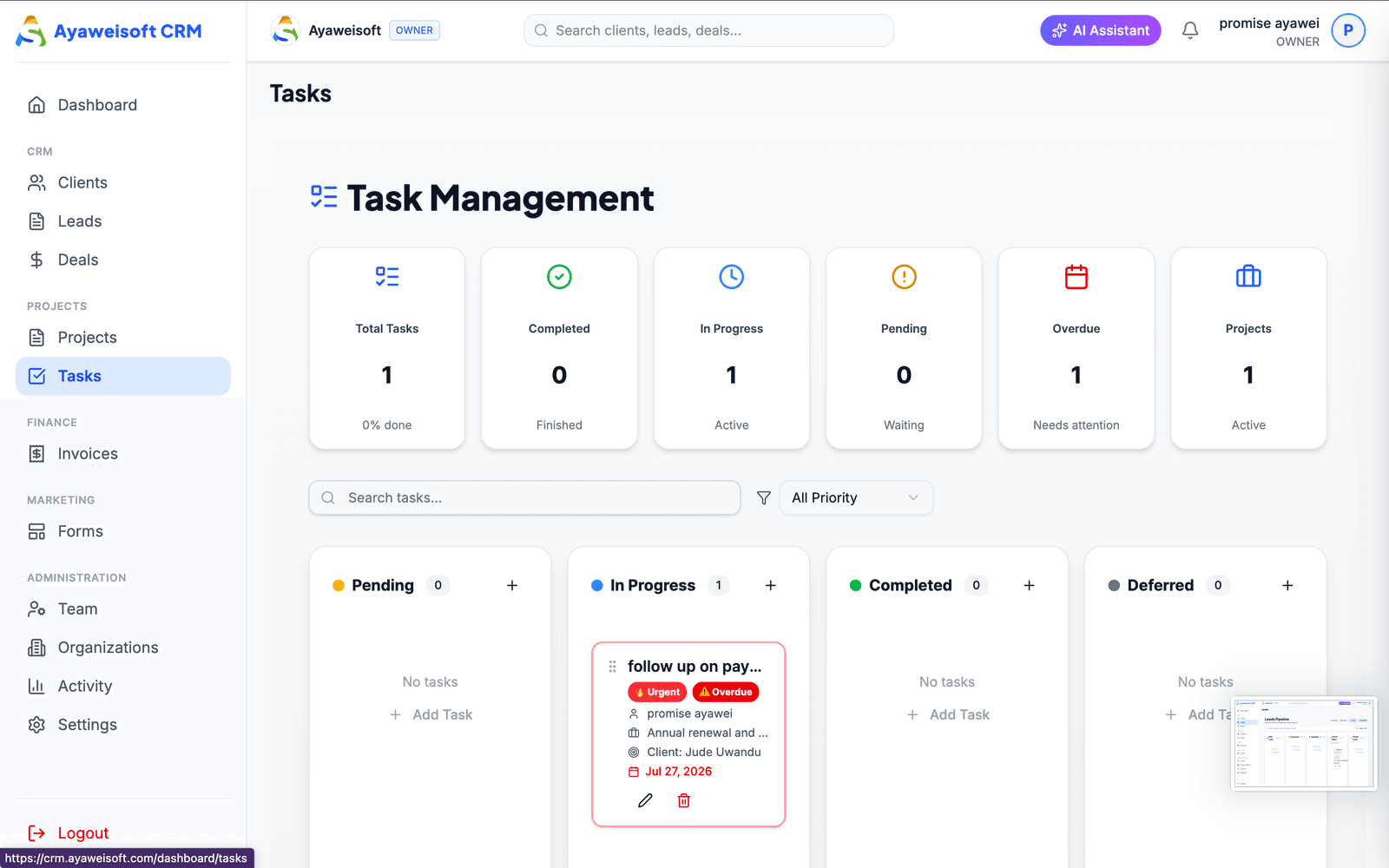 Task management board in Ayaweisoft CRM